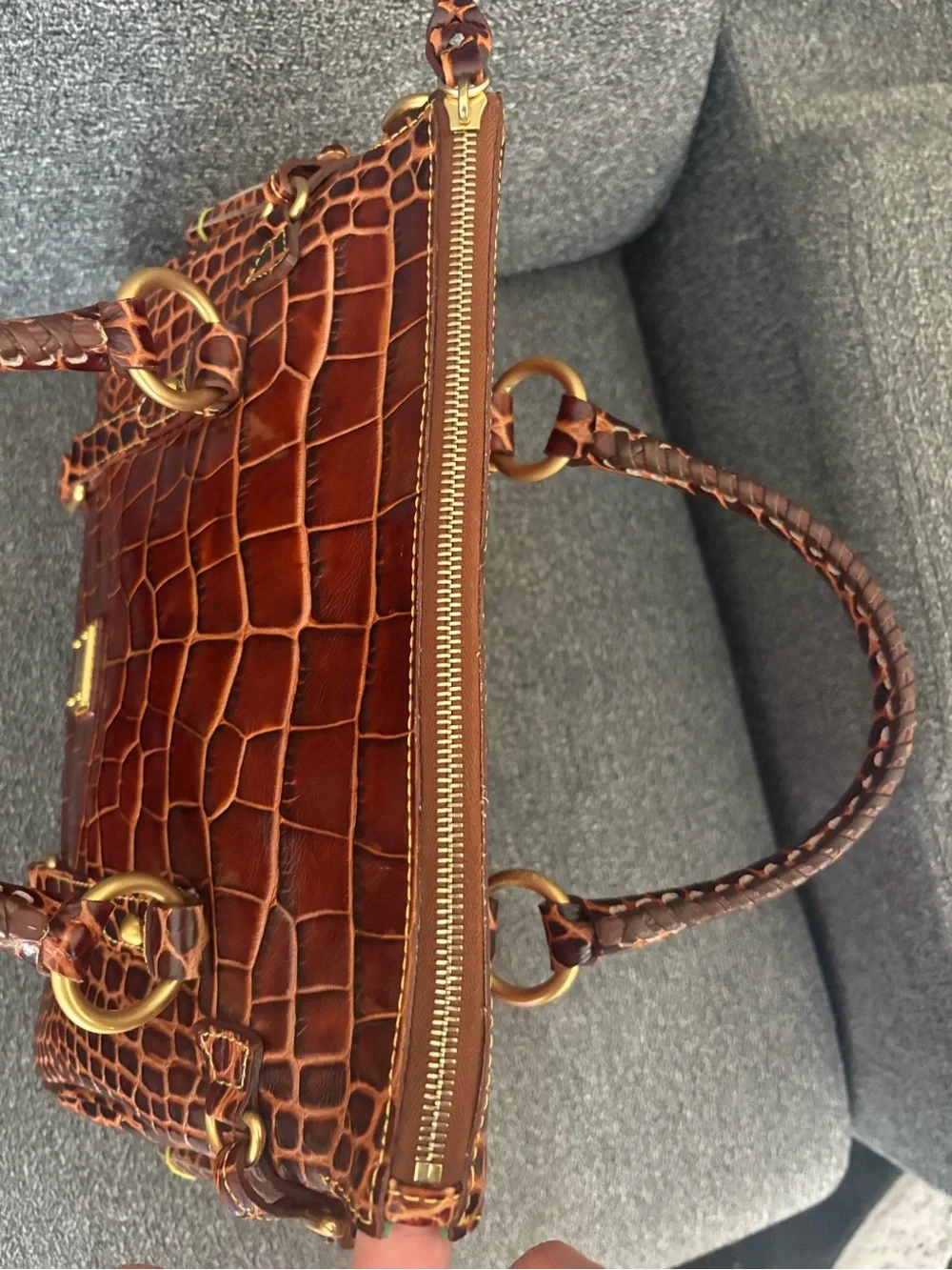 Dooney & Bourke Brown Croco Fino Croc-Embossed Satchel with Gold Hardware